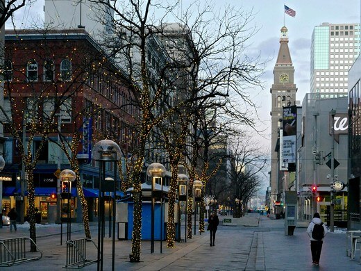Historic Daniels and Fisher clock tower on the 16th Street Mall in Denver.