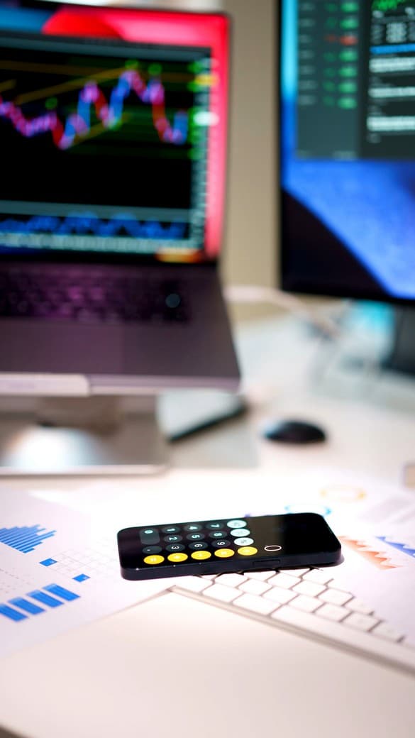 Calculator on an Apple keyboard over printed charts, representing a Denver technical SEO audit and data analysis
