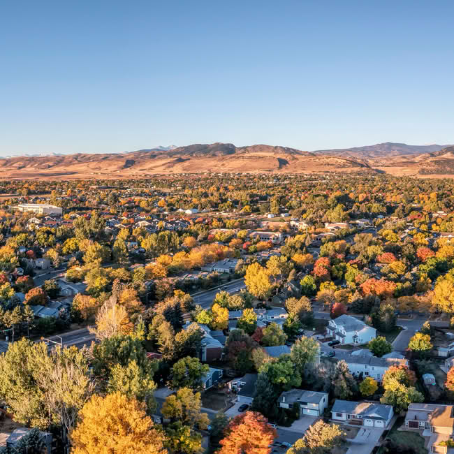 Aerial view of the Fort Collins downtown commercial district and business infrastructure