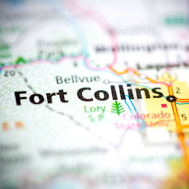 Road map highlighting Fort Collins location within Larimer County, Northern Colorado
